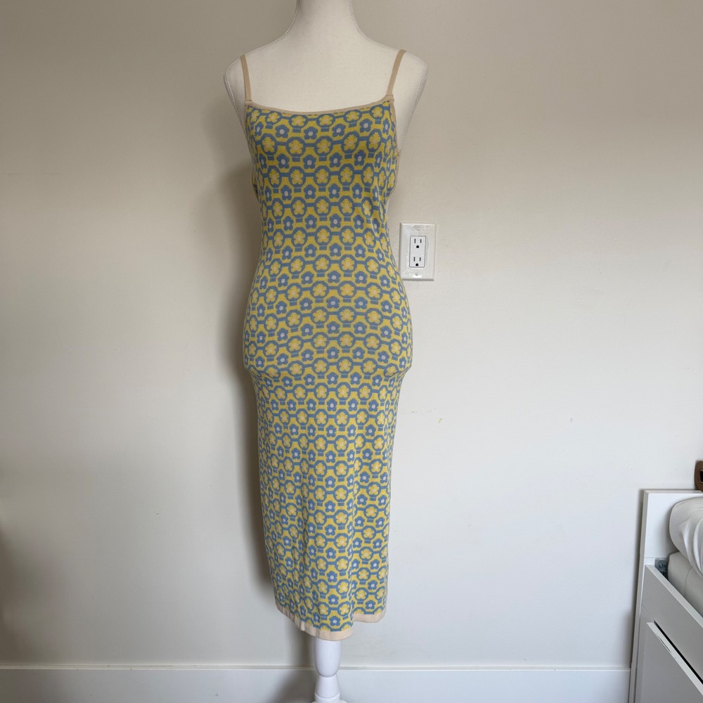 Cider Floral Knit Backless Midi Dress Womens S Blue Yellow Retro Bodycon